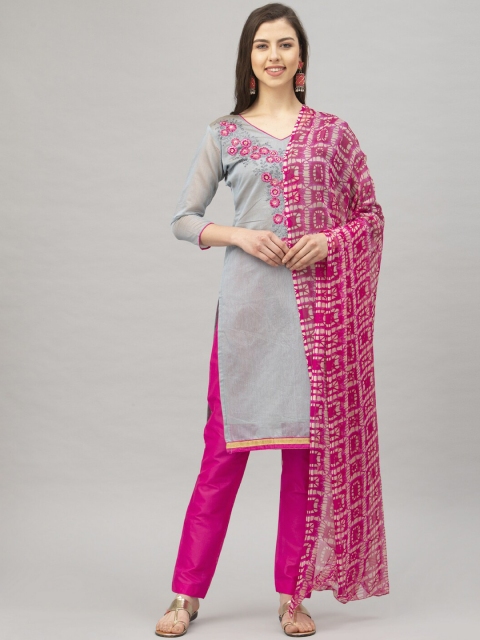 Satrani Grey & Pink Pure Cotton Unstitched Dress Material