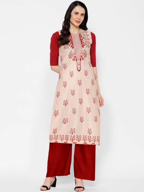 

7Threads Women Beige Floral Printed Crepe Kurta