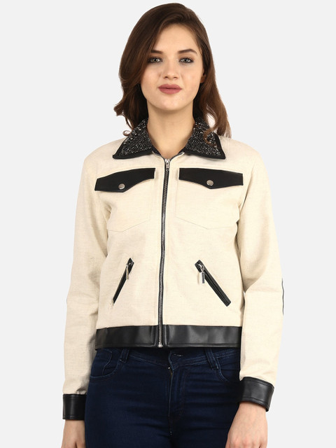 

Diwaah Women Cream-Coloured Colourblocked Open Front Jacket