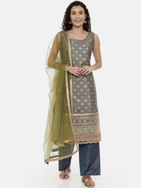 

Neerus Women Teal Blue Printed Kurta with Trousers & Dupatta