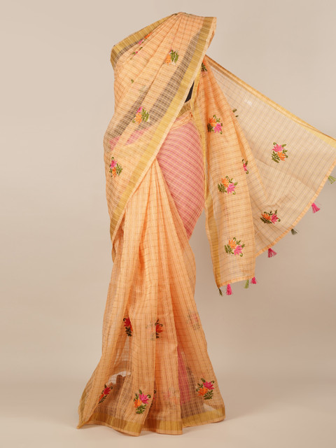 

Pothys Beige & Peach-Coloured Jute Silk Checked Saree