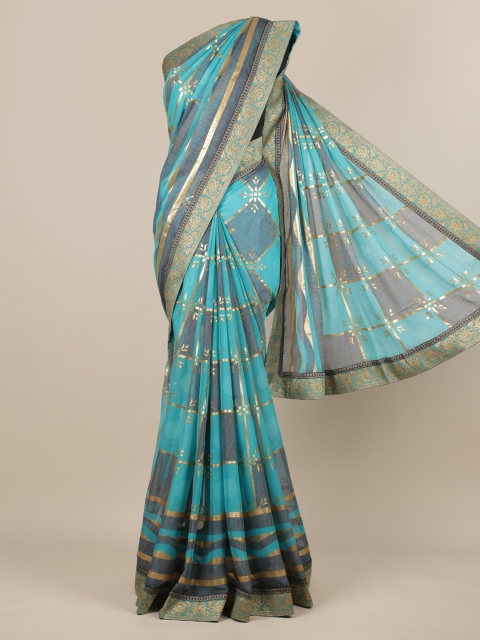 

Pothys Blue & Gold-Toned Poly Chiffon Checked Saree