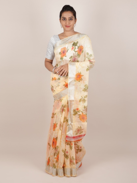 

Pothys Cream-Coloured & Orange Jute Silk Printed Saree