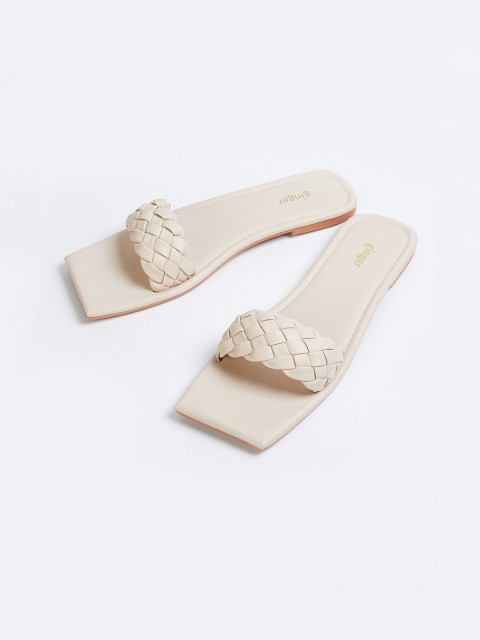 

Ginger by Lifestyle Women Cream-Coloured Woven Design PU Open Toe Flats