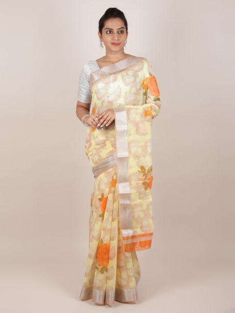 

Pothys Yellow Floral Printed Jute Silk Saree