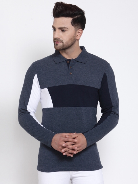 

Kalt Men Navy Blue & White Colourblocked Polo Collar T-shirt
