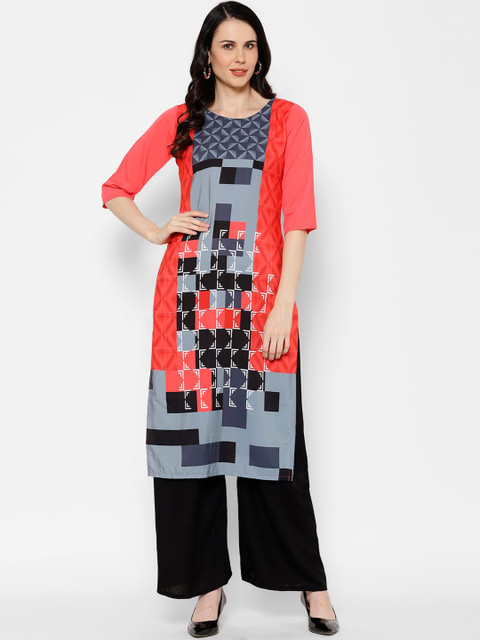 

7Threads Women Red Geometric Printed Crepe Kurta