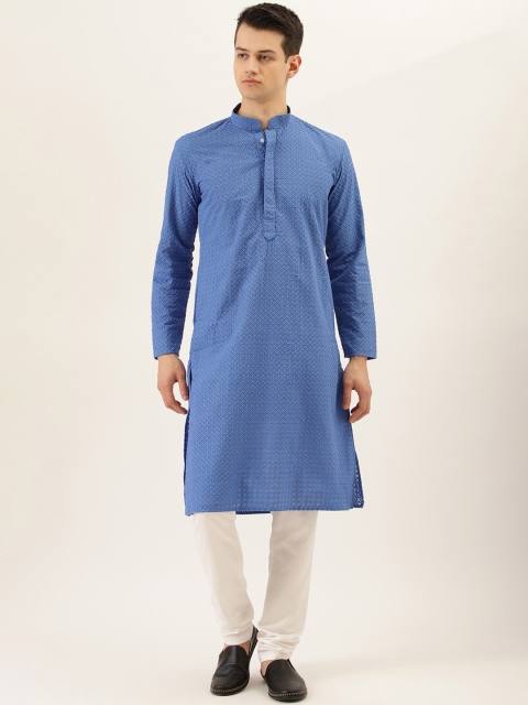 RAJUBHAI HARGOVINDAS Men Blue Geometric Embroidered Thread Work Kurta