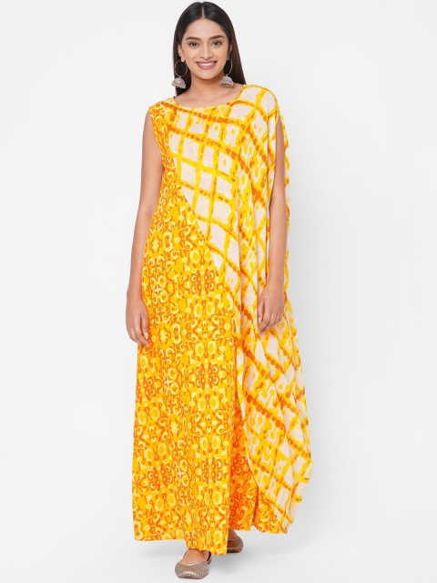 

Vedic Women Yellow & Off-White Geometric Printed Layered Kurta