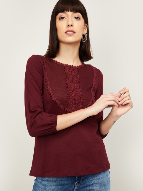 

Fame Forever by Lifestyle Women Burgundy Solid Round Neck Top