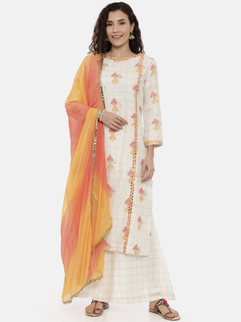 

Neerus Women Cream-Coloured Embroidered Kurta with Palazzos & Dupatta