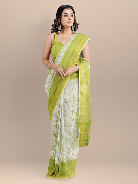 

BharatSthali White & Green Pure Cotton Printed Narayan Peth Saree