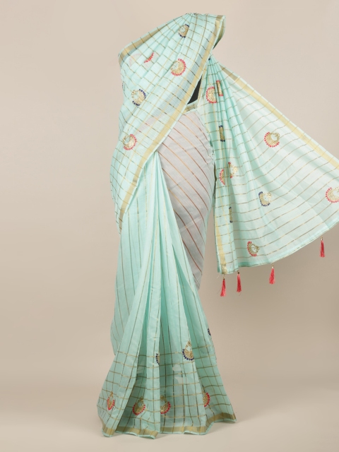 

Pothys Turquoise Blue & Gold-Toned Jute Silk Embroidered Saree With Tasseled Pallu