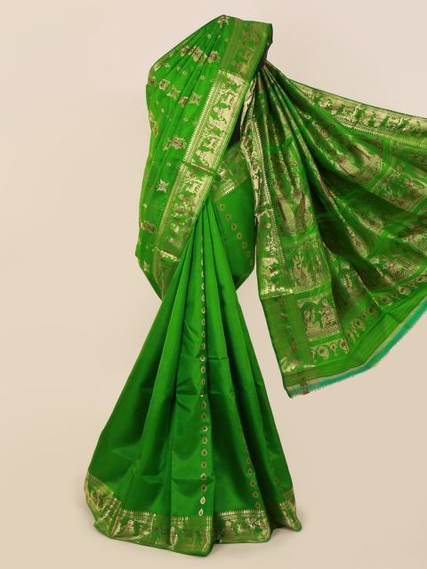 

Pothys Green & Gold-Toned Pure Silk Printed Baluchari Saree