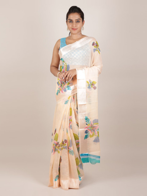 

Pothys Peach-Coloured Printed Jute Silk Saree