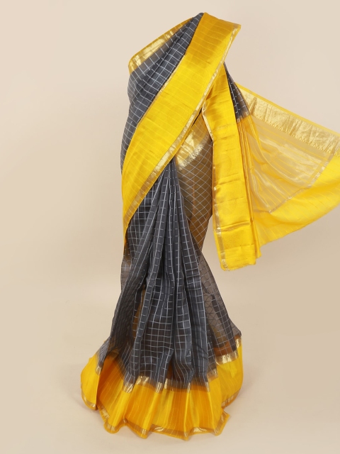 

Pothys Grey & Yellow Pure Silk Checked Saree