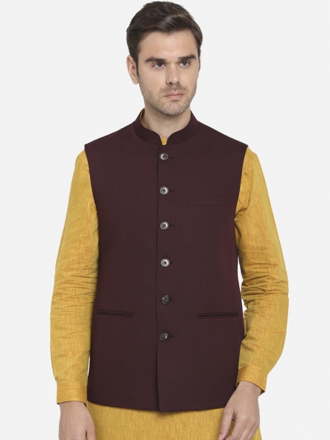 

MODI JACKET Men Maroon Solid Woven Nehru Jacket