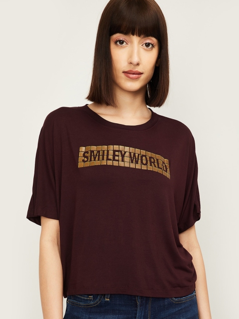 

Smiley World Women Burgundy Printed Round Neck T-shirt