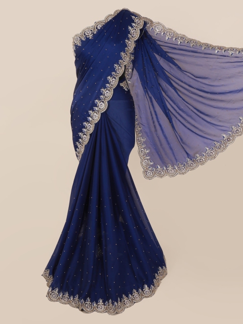 

Pothys Navy Blue & Silver-Toned Pure Georgette Embellished Saree