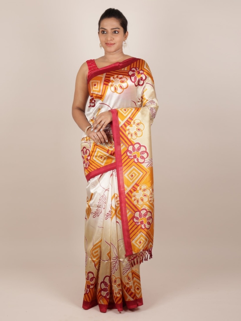 

Pothys Cream-Coloured & Yellow Jute Silk Printed Saree