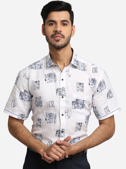 

JB STUDIO Men White & Blue Slim Fit Printed Cotton Formal Shirt