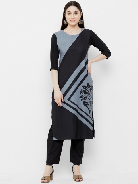 

7Threads Women Black Geometric Printed Crepe Kurta