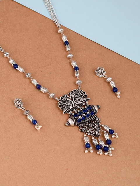 

Imittire Silver-Toned & Blue Peacock Design Oxidised Necklace With Earrings