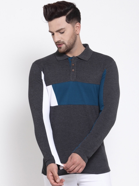 

Kalt Men Grey & Blue Colourblocked Polo Collar T-shirt