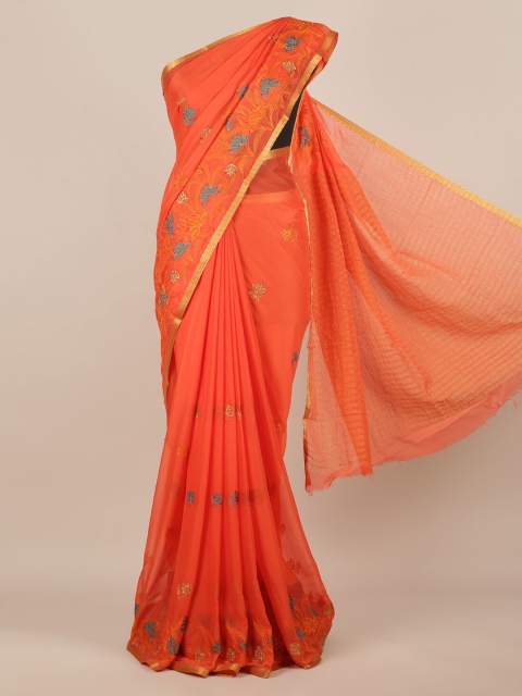 

Pothys Peach-Coloured & Blue Poly Georgette Embroidered Saree