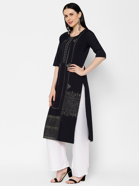 

7Threads Women Navy Blue Ethnic Motifs Printed Crepe Kurta