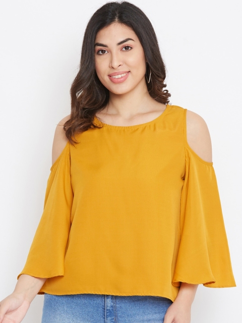 

TULIP 21 Women Mustard Yellow Cold-Shoulder Sleeves Crepe Top