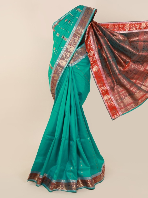 

Pothys Green & Red Pure Silk Woven Design Baluchari Saree With Zari Border