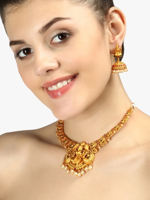 

Adwitiya Collection Gold-Toned Brass Gold-Plated Antique Necklace Set