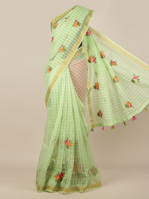 

Pothys Green Checked Embroidered Jute Silk Saree