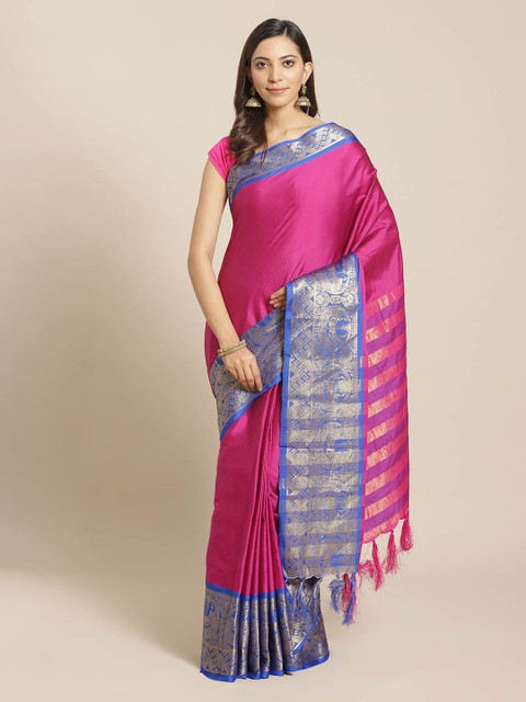 

Mitera Pink Silk Blend Solid Banarasi Saree