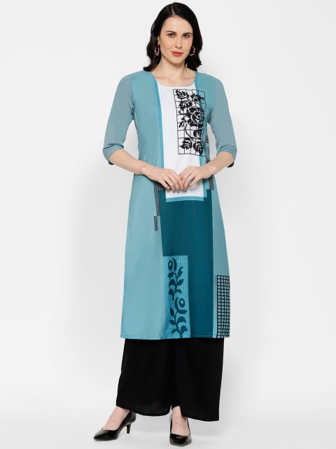 

7Threads Women Blue Floral Printed Crepe Kurta
