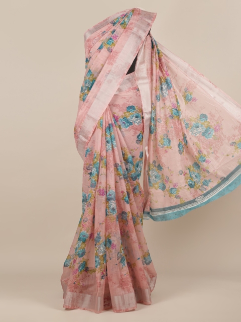 

Pothys Pink & Turquoise Blue Jute Silk Printed Saree
