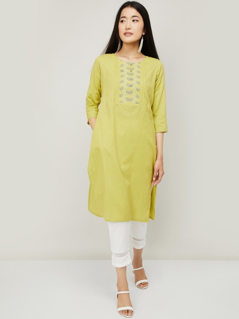 

Melange by Lifestyle Women Lime Green Ethnic Motifs Yoke Design Thread Work Kurta