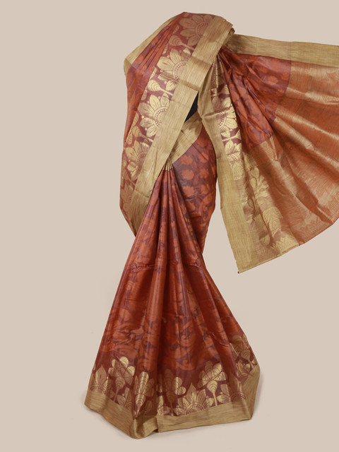 

Pothys Rust & Gold-Toned Pure Silk Woven Design Tussar Saree With Zari Border
