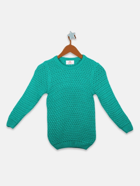 OWM Girls Sea Green Self Design Pullover Sweater