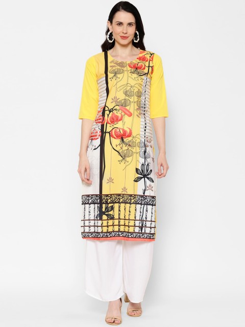 

7Threads Women Yellow Floral Printed Crepe Kurta