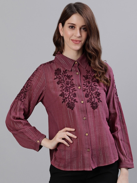 

Ishin Purple Floral Striped Embroidered Shirt Style Top