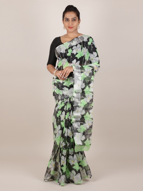 

Pothys Black & Green Jute Silk Printed Saree