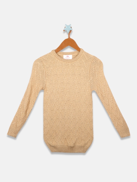

OWM Girls Beige Self Design Pullover Sweater