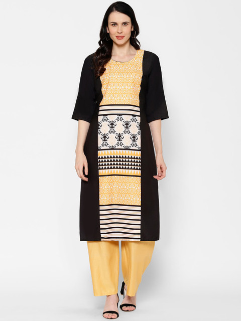 

7Threads Women Yellow Printed Crepe Kurta