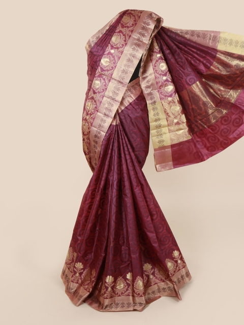 

Pothys Magenta & Gold-Toned Pure Silk Woven Design Tussar Saree