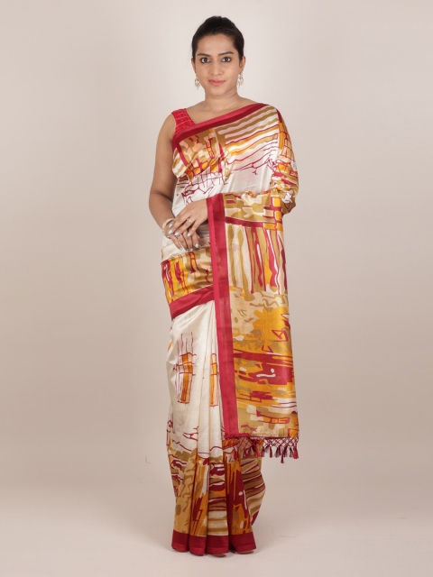 

Pothys Cream-Coloured & Yellow Jute Silk Printed Saree