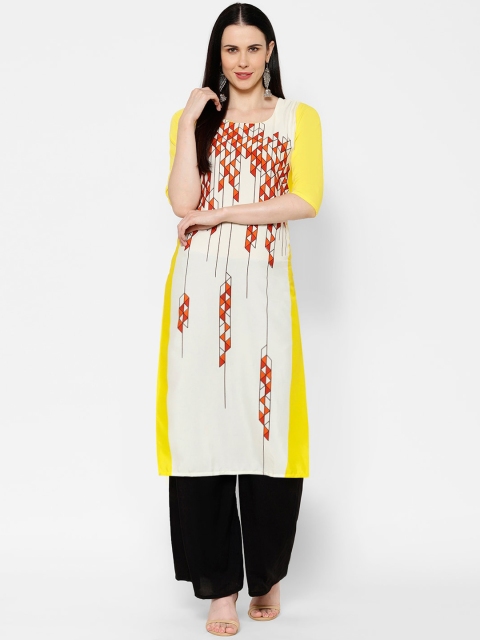 

7Threads Women White & Yellow Geometric Printed Crepe Kurta
