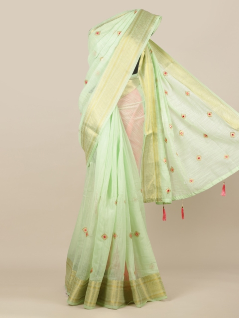 

Pothys Green & Gold-Toned Jute Silk Embroidered Saree