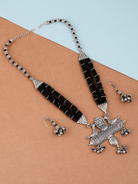 

Imittire Silver-toned & Black Ganpati Ethnic Oxidised Necklace With Earrings